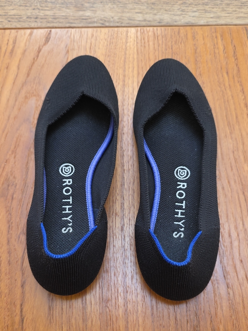 Rothy's Black Knit Slip-On Flats with Blue Trim